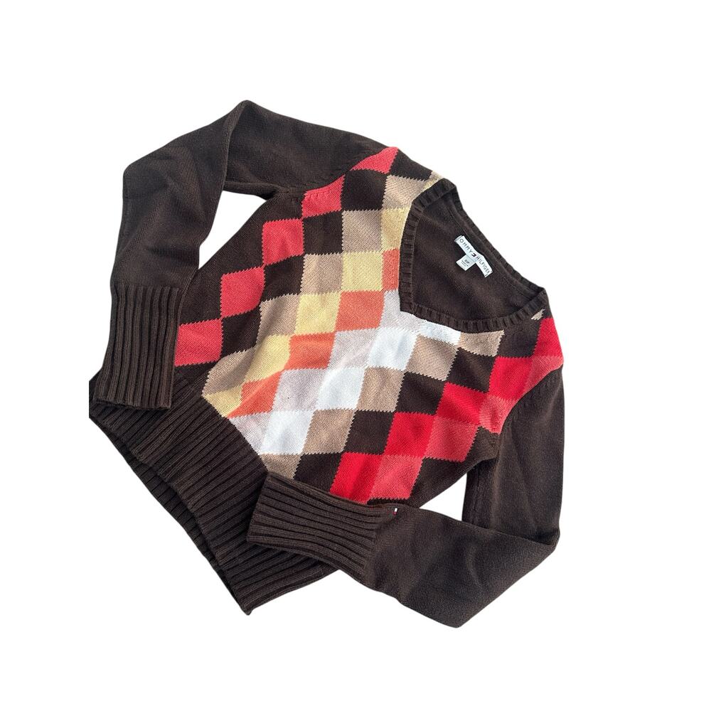 tommy hilfiger argyle vintage sweater S pattern diamond brown preppy retro red
